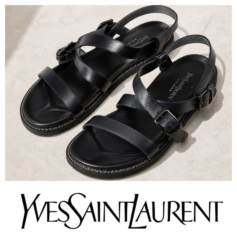 Yves St Laurent Rive Gauche Black Leather Multi Strap Sandals Sz 42 Italy YSL